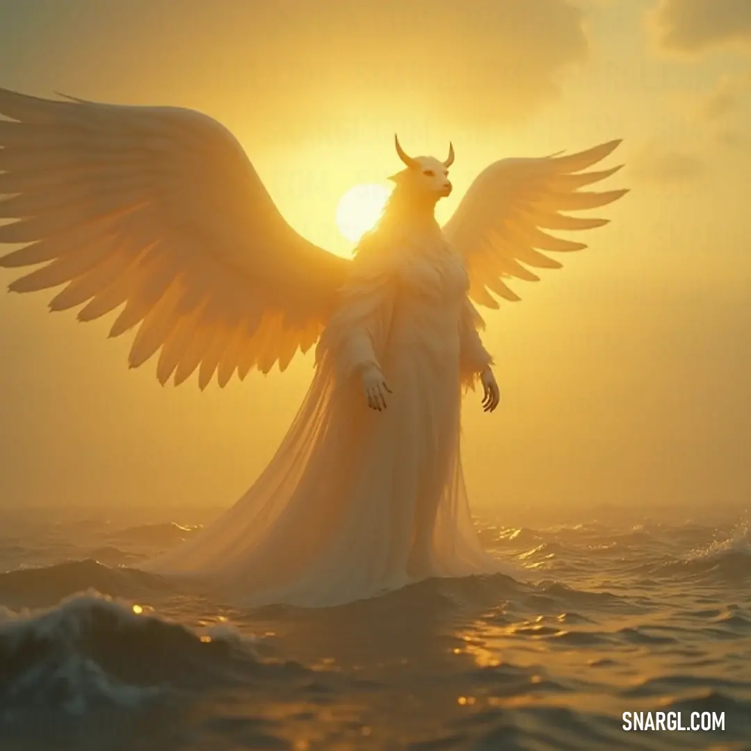 Majestic Angel with Wings on the Ocean at Sunset A radiant white angel stands majestically in the ocean, her wings unfurled against the backdrop of a breathtaking sunset. The sun's golden rays ripple across the water, embodying tranquility and divine grace as the waves crash gently around her.