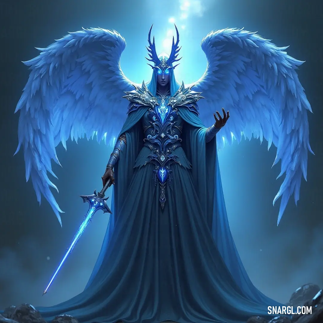 A striking blue angel with two swords stands powerfully, accompanied by a luminous Seraphim of Celestial Vision, forming a breathtaking display of strength and grace in an otherworldly atmosphere. A majestic blue angel wields dual swords, embodying strength and serenity. Above his head, a radiant Seraphim of Celestial Vision spreads her ethereal wings, filled with cosmic light, creating a sense of divine protection in a tranquil celestial space.