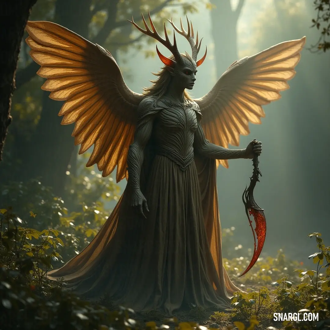 The Seraphim of Divine Harmony, with a horned head and staff, stands in a forest filled with trees and bushes, radiating peaceful strength. A Seraphim, with a horned head and a staff in hand, stands in a lush forest surrounded by trees and bushes, a calm and powerful presence among the vibrant greenery.