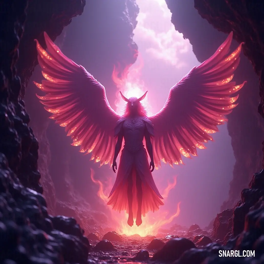 Demonic Angel in a cave, wings unfurled and flames glowing red behind him, exuding a captivating yet menacing aura in a world of shadows. In a shadowy cave, a Demonic Angel stretches his wings wide, casting an imposing silhouette against the backdrop of crimson flames. His fierce gaze commands the environment, embodying both dark beauty and unrelenting power in a realm of mystique.