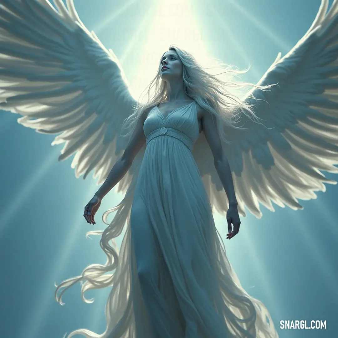 A seraphim with brilliant white wings embraces the sunlight, embodying peace and divine protection in a serene landscape. A radiant seraphim stands basking in sunlight, her wings shimmering white and striking, arms open wide, inviting warmth and peace, a symbol of divine guardianship amid a tranquil landscape filled with light.
