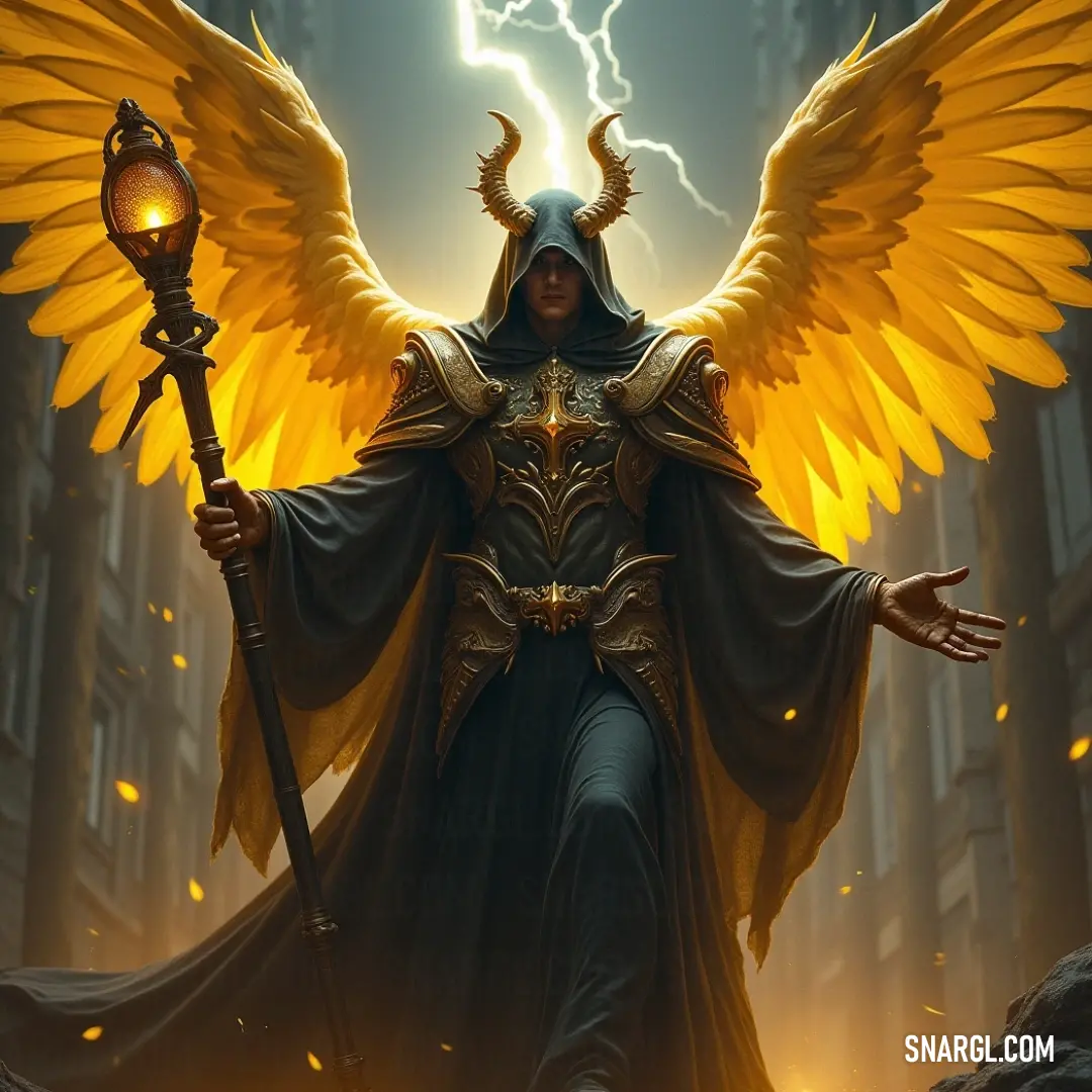 Seraphim of the Divine Radiance with a lightning staff in a stormy, electrifying atmosphere The Seraphim of the Divine Radiance, cloaked in dark robes, holds a staff crackling with lightning in a stormy setting, with bolts of energy illuminating the dark sky around him.