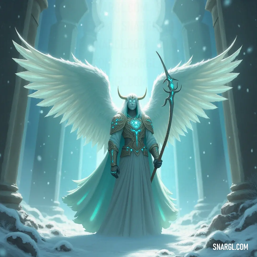 Seraphim of the Divine Radiance with wings and staff in a snowy, light-filled landscape A divine Seraphim of the Divine Radiance, with radiant wings and a staff, stands amidst a snowy landscape, bathed in a beam of light that illuminates his ethereal presence.