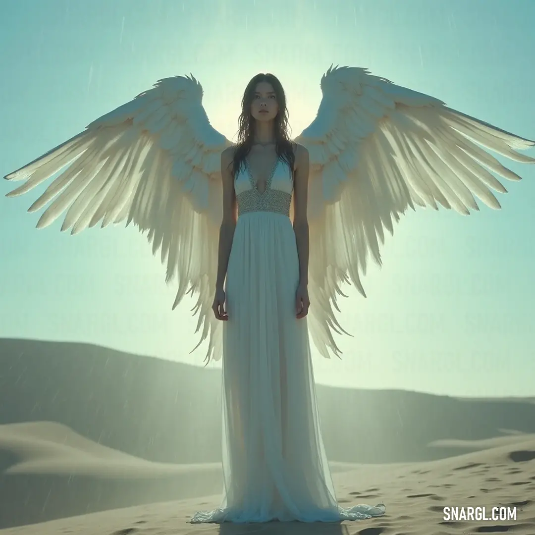 A divine seraphim in a flowing white dress gracefully stands in serene sand dunes, her wings gently unfurled against an expansive desert landscape. A seraphim draped in a flowing white dress stands gracefully amidst golden sand dunes, her wings gently unfurled. The desert landscape stretches behind her, highlighting the delicate beauty of the divine amidst nature's stark elegance.