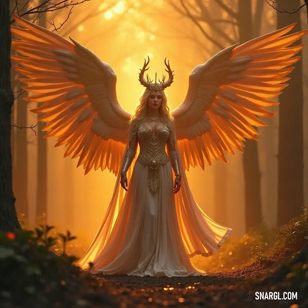 Resplendent in a forest setting, the Seraphim of Eternal Harmony showcases vast golden wings, cascading leaves, and towering trees that harmonize with her divine essence. She radiates a tranquil aura, connecting heaven and earth in perfect balance.