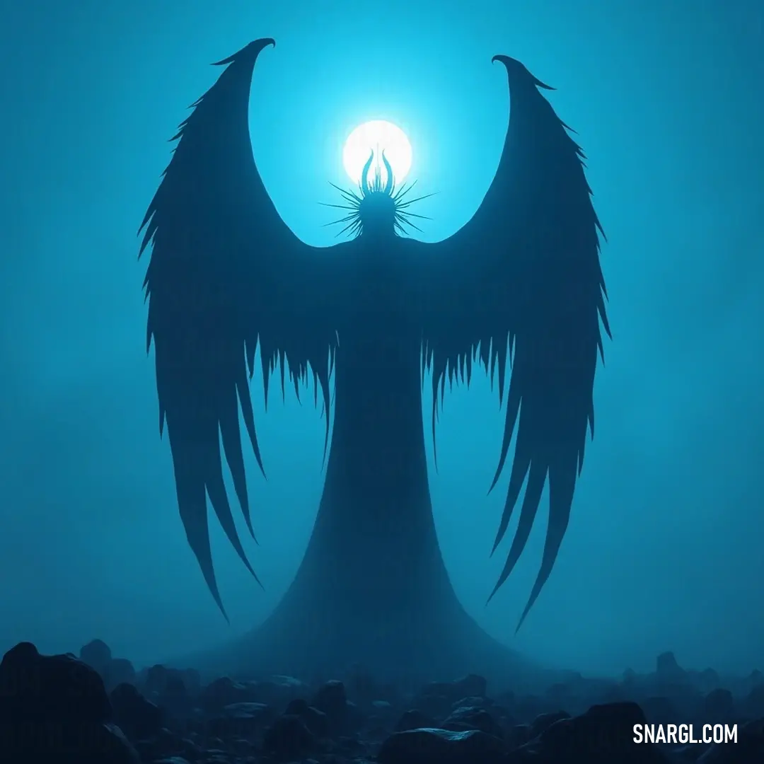 A striking black angel stands regal amidst a swirling blue fog, wings elegantly extended, bathed in a divine light that illuminates her presence against the enigmatic sky. An imposing black angel stands majestic against a backdrop of a mystical blue foggy sky, wings fully spread, radiating power and confidence, as an ethereal light bathes her form with an otherworldly glow.