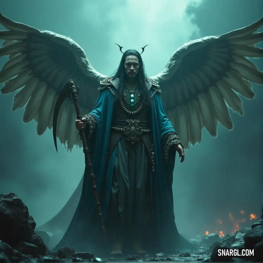 The Seraphim of the Eternal Truth, a guardian with wings and a staff, standing in a dark forest with ancient wisdom. The Seraphim of the Eternal Truth, with majestic wings and a green cloak, stands in a dark forest, holding a staff. His solemn presence conveys the depth of ancient wisdom, guarding sacred truths in the heart of the woods.