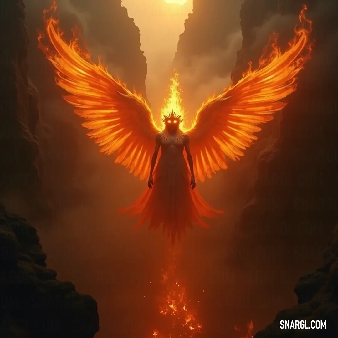 Beneath a brilliant celestial light, a figure with an imposing orange Seraphim of the Glorious Flame on their back stands against the backdrop of a majestic mountain, embodying strength and divine illumination. A person stands tall on a mountain, the magnificent orange Seraphim of the Glorious Flame unfurling behind them. The bright light above casts an awe-inspiring glow, symbolizing courage and a connection between their spirit and the boundless skies.