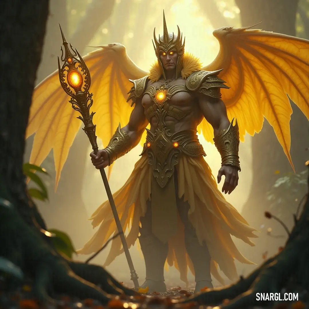 Illuminated Seraphim of the Higher Realms in a glowing dragon costume, commanding a forest The Seraphim of the Higher Realms, draped in a vibrant yellow dragon-like costume, stands in an enchanting forest, holding a magical staff that glows with radiance. This powerful being illuminates the scene, embodying grace and wisdom amidst the rustic be