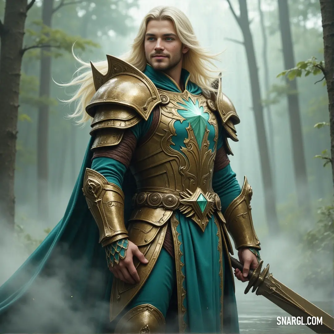 A seraph in holy armor, sword raised high, stands proudly in a forest, radiating divine strength and light. A heroic seraph, clad in holy armor, stands in the heart of a lush forest. With a sword in hand, the figure radiates power and righteousness, as the surrounding trees seem to bow in respect to its divine presence.