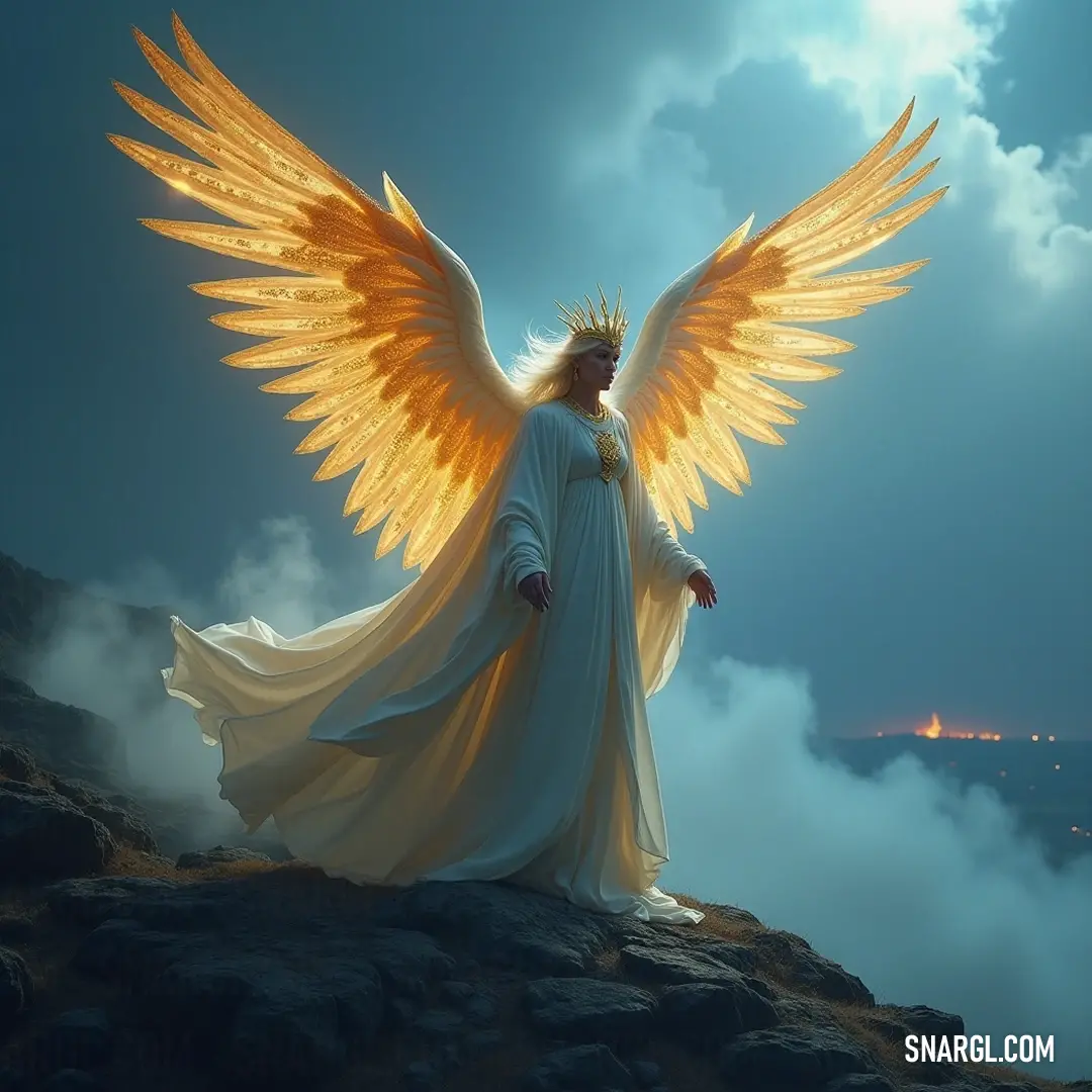 Noble seraphim with a radiant crown, gracefully perched on a hilltop, its wings unfurled against the expansive sky, showcasing divine authority and celestial beauty. Glorious seraphim, crowned with resplendent glory, stands tall on a verdant hill, basking in the gentle embrace of the sky, its wings outstretched, radiating grace and power.