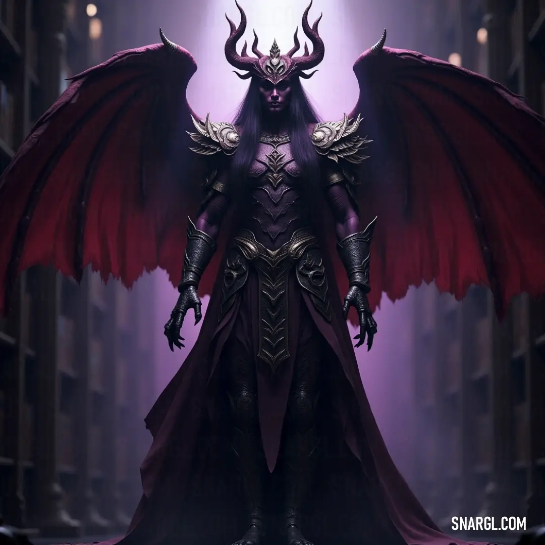 Demonic Seraphim with imposing horns and a grand red cape stands defiantly, embodying a striking blend of angelic beauty and dark power in a captivating stance. The imposing figure of Demonic Seraphim commands attention with his grand red cape and menacing horns. His powerful wings extend behind him, creating a striking silhouette against the backdrop, merging elements of angelic grace and dark intensity in one c
