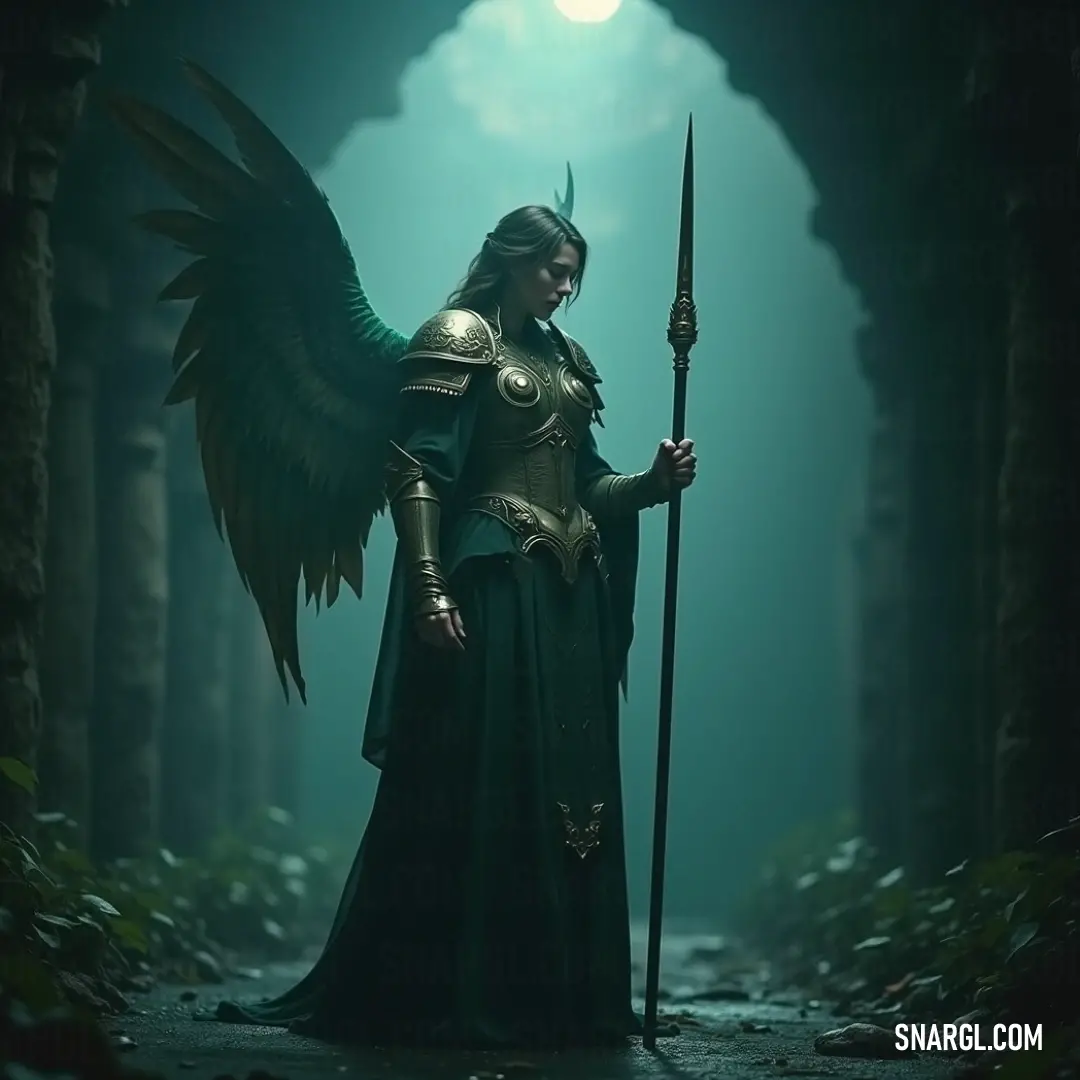 Seraphim of the Holy Seraph dressed in green, brandishing a sword in a moonlit forest, radiating strength and grace amidst the shadows of the trees. The Seraphim of the Holy Seraph, clad in a vibrant green outfit, stands poised in a moonlit forest. With her sword raised and wings spread wide, she exudes a sense of readiness and strength, illuminated by the ethereal light filtering through the trees.