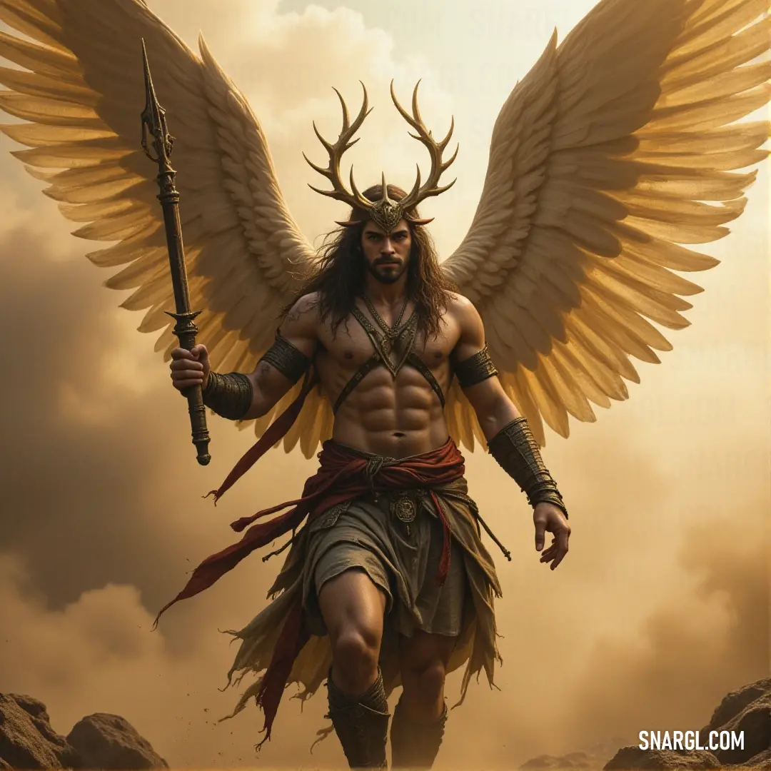A Seraphim of the Holy Seraph with a horned head and wings, holding a sword in a commanding pose A Seraphim of the Holy Seraph, with a horned head and angelic wings, holds a sword in a commanding stance. His powerful figure emanates an aura of divine authority, standing as a guardian of sacred realms.