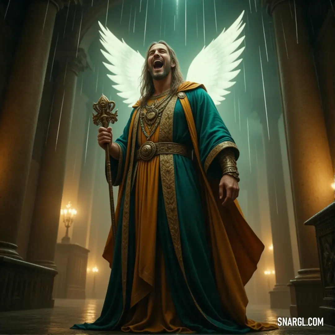 A Seraphim of the Infinite Light holding a cross, with a golden angel hovering above in a dark room A Seraphim of the Infinite Light, draped in green and gold, stands in a dark room holding a cross. A golden angel hovers above, casting light in the shadows, creating an atmosphere of sacred reverence.