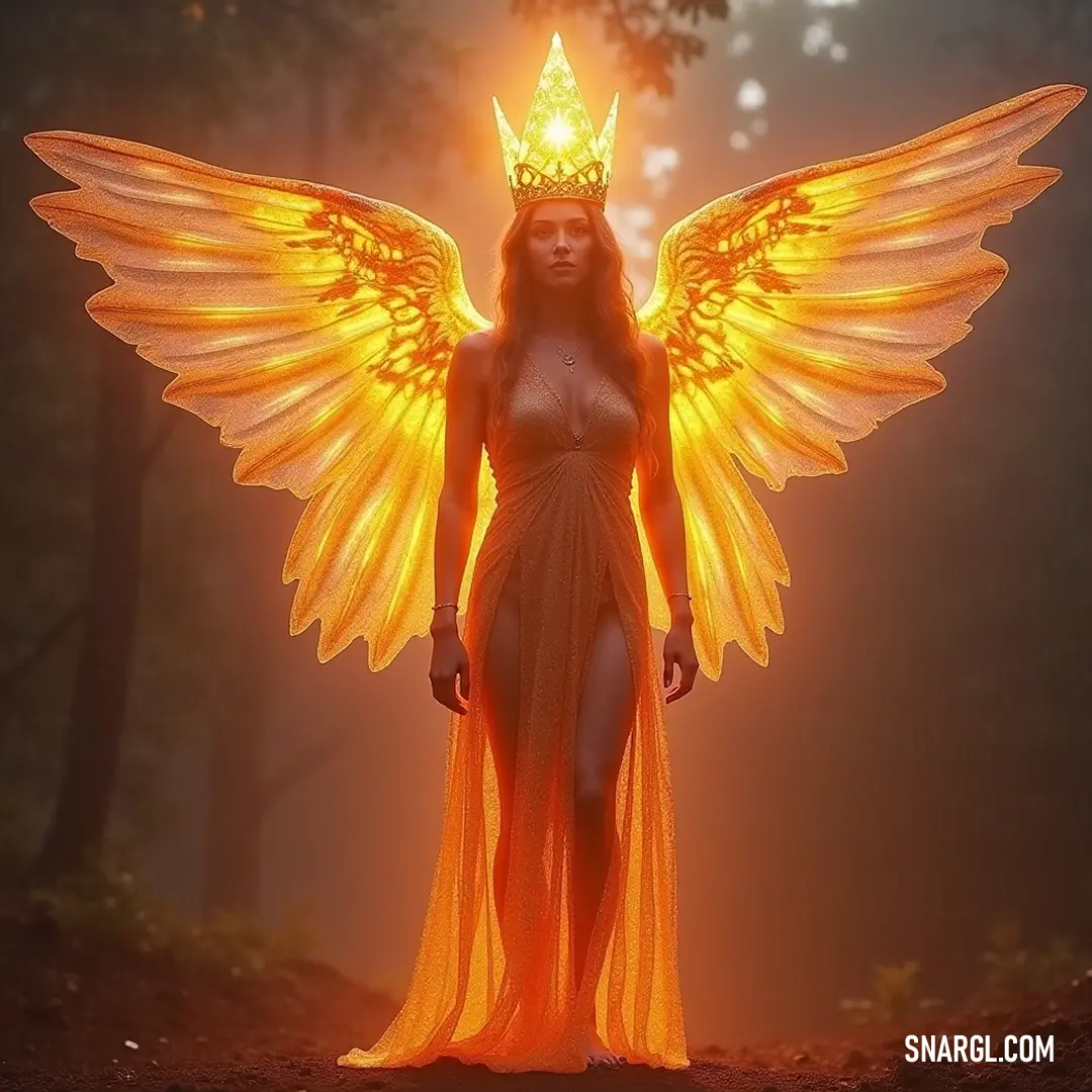 A luminous Seraphim with a crowning glory of light stands elegantly, wings outstretched, creating a breathtaking spectacle of divine radiance and ethereal grace. Radiant Seraphim, adorned with a magnificent crown, showcases her elegance as shimmering wings gracefully drape across her form, embodying strength and beauty amidst a celestial backdrop.