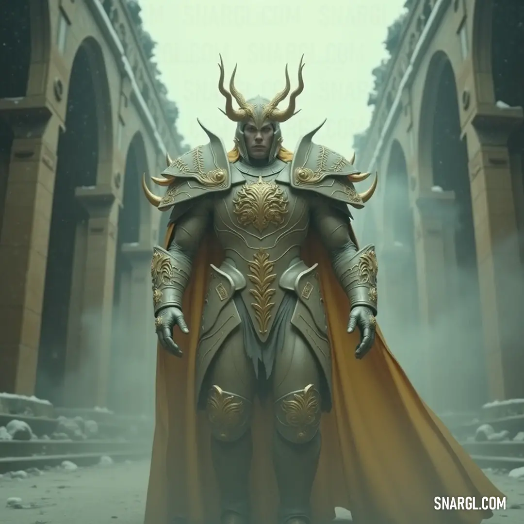 A grand Seraphim stands in a beautiful courtyard, adorned with intricate horns and a regal costume, surrounded by the beauty of an enchanting day. A majestic Seraphim donned in ethereal robes stands confidently in a sunlit courtyard, exuding an aura of mystique with impressive horned features that draw the eye and evoke wonder.