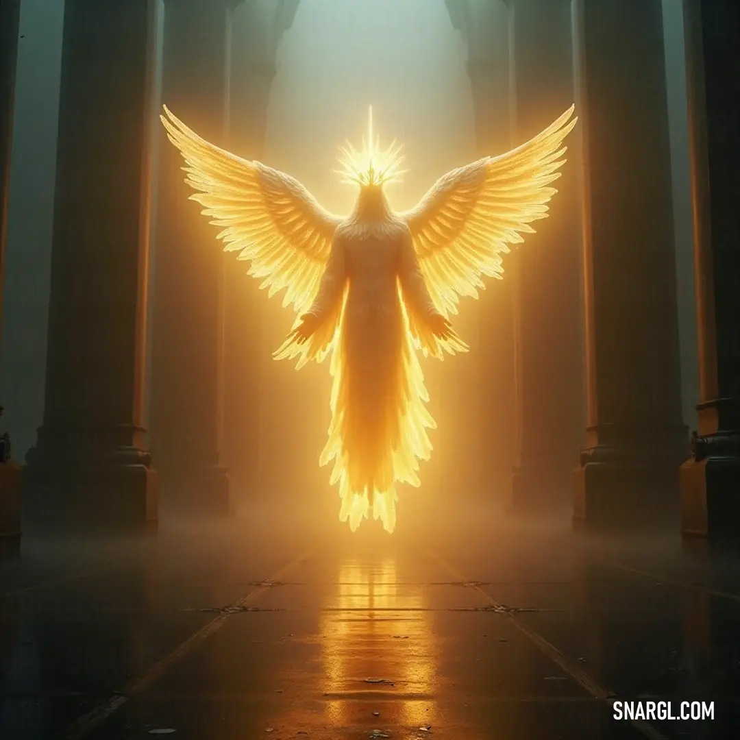 A large white Seraphim of Sacred Light stands regal in a fog-laden room, her wings spread wide and glowing, casting an aura that transforms the ancient space into a celestial haven of peace and enlightenment. In an ethereal foggy room filled with ancient pillars, a large white Seraphim of Sacred Light stands with her wings majestically spread. Her aura illuminates the surroundings, transforming a mystical space into a radiant sanctuary of divine presence.