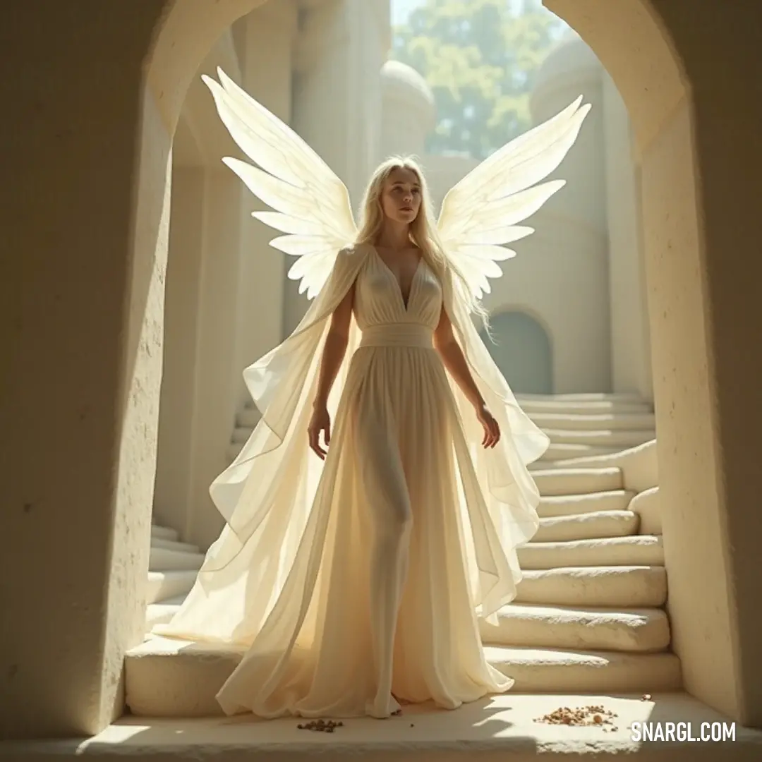 A celestial being in ethereal white attire with angel wings carefully poised on an ornate staircase, surrounded by the graceful structures of a revered building. A celestial being adorned in a flowing white gown with magnificent angel wings, stands on a grand staircase, illuminated by soft light filtering through the elegant architecture of the building that rises majestically around her.