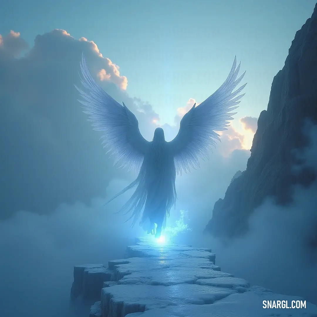 A majestic large Seraphim glides effortlessly over a tranquil water surface, her immense wings casting shadows over floating ice, encapsulating the coexistence of peace and power in a celestial realm. A colossal Seraphim soars above a serene body of water, surrounded by ethereal ice fragments in the air, her wings spanning wide against a vast sky, evoking a sense of freedom and divine grace in a tranquil, icy world.