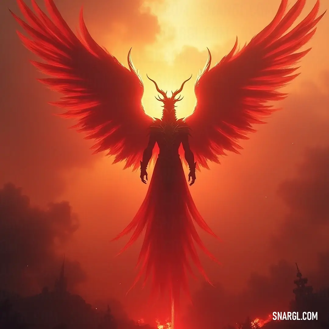 Standing at the edge of dusk, a fearsome Seraphim of Valor stretches its colossal wings, bathed in a striking glow of crimson light. The sunset paints a dramatic backdrop, accentuating the fierce, demonic features that speak of both power and mystery.