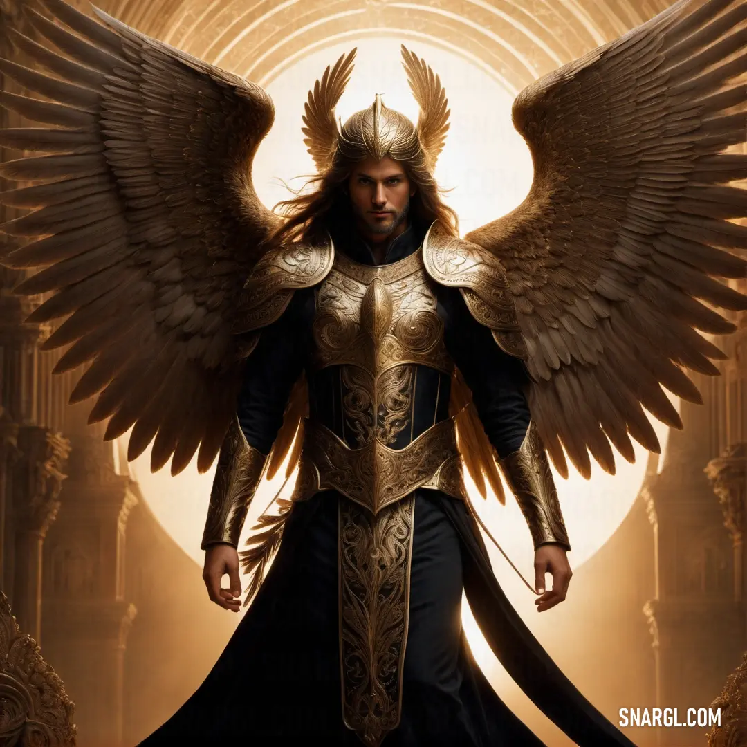 Seraphim dressed in a golden armor with wings on his shoulders