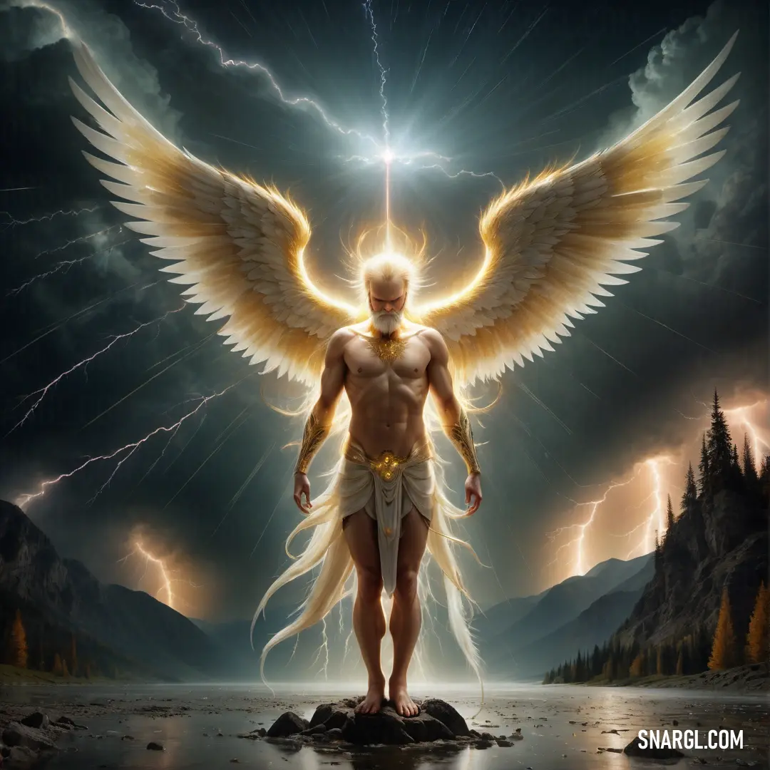 Seraphim with wings standing on a rock in the middle of a lake with lightning in the background