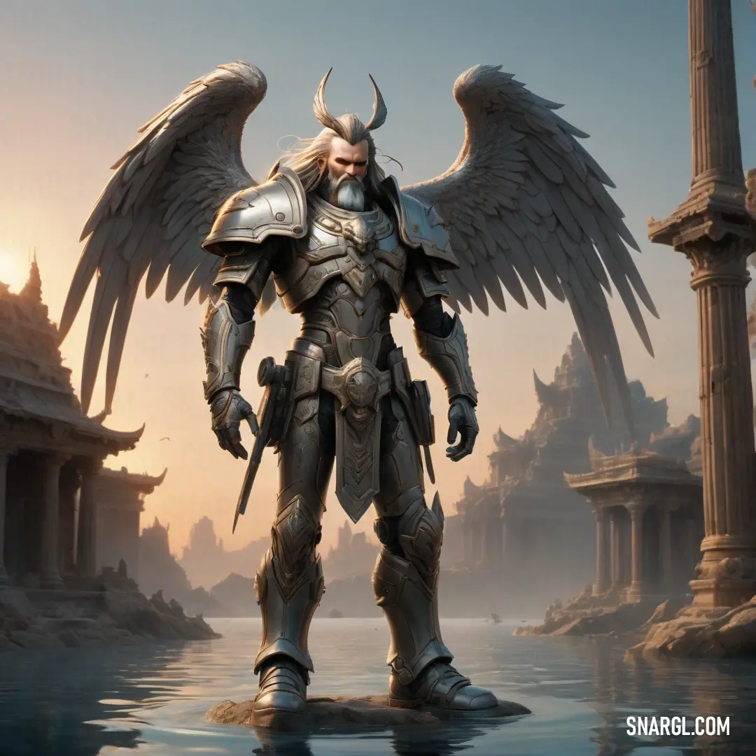Man with wings standing in a body of water with a giant Seraphim on his shoulder