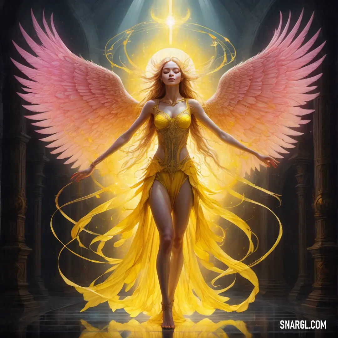 Seraphim with a yellow dress and angel wings on a stage with a light shining behind her and a halo above her head