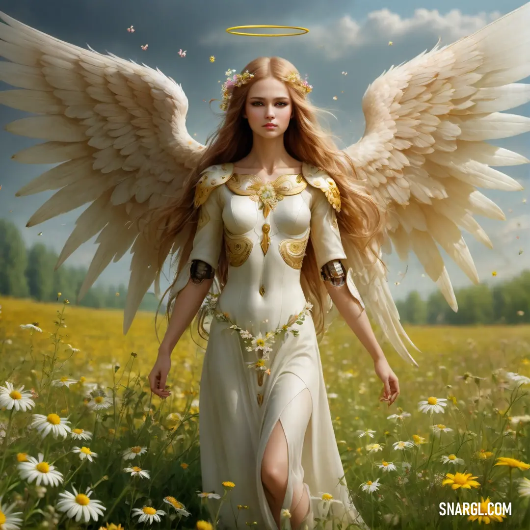 Seraphim with wings and a halo in a field of daisies with daisies around her and a bird flying above her