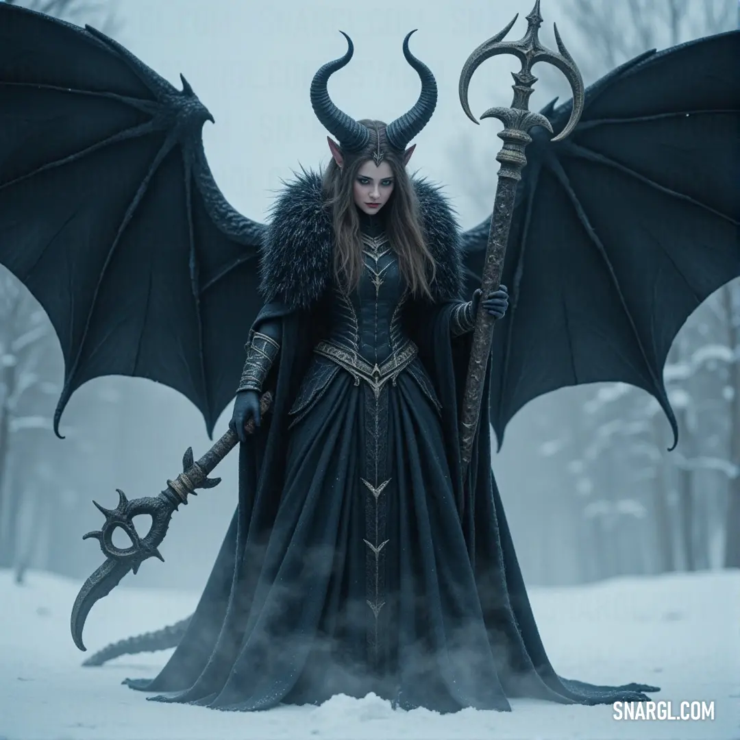 Seraphina, sword in hand, faces a dark and eerie figure in a snow-covered forest, where the cold shadows seem to challenge her strength. Seraphina, clad in black, holds a large sword with grace and power. A dark figure looms behind her in a snowy forest, the icy trees standing as silent witnesses to her might and resolve.