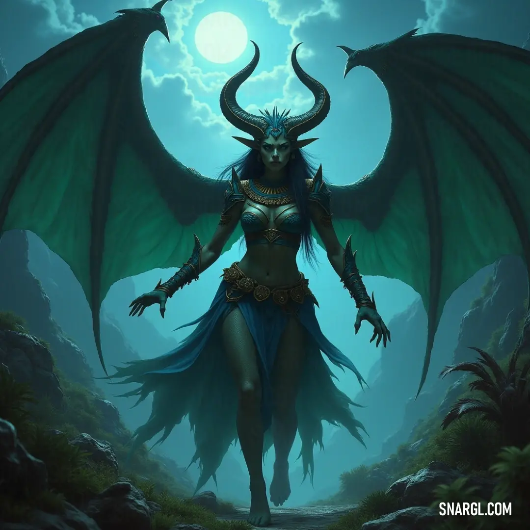 Seraphina, with a dragon-like body and horns, wanders through a moonlit forest, her presence radiating a sense of magic and wonder. Seraphina, with a dragon-like body and horns, walks through a dense forest bathed in moonlight. The full moon casts an ethereal glow, highlighting her mythical features and the forest’s enchanting atmosphere.