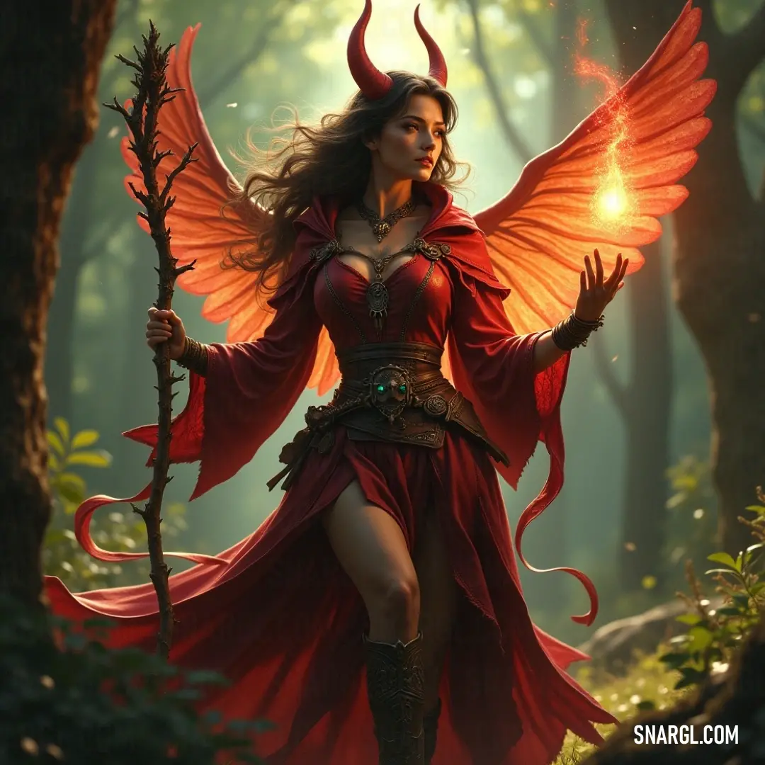 Seraphina stands in a regal red outfit, holding a staff with horns and wings. Her poised stance and the magical atmosphere around her convey a powerful aura, blending elegance with formidable strength. Seraphina, dressed in striking red, holds a staff adorned with intricate horns and wings. Her fierce presence stands out against a mystical background, embodying strength and elegance in equal measure.
