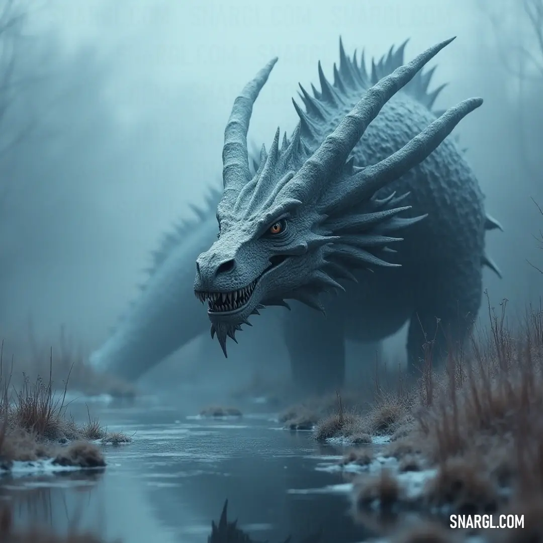 Seraphis with large horns and sharp teeth stands in a swampy terrain, wings spread and eyes locked on its surroundings. Seraphis, with colossal horns and sharp teeth, stands amidst a misty swamp, its wings slightly unfurled as it surveys the damp, grassy surroundings with intense focus.