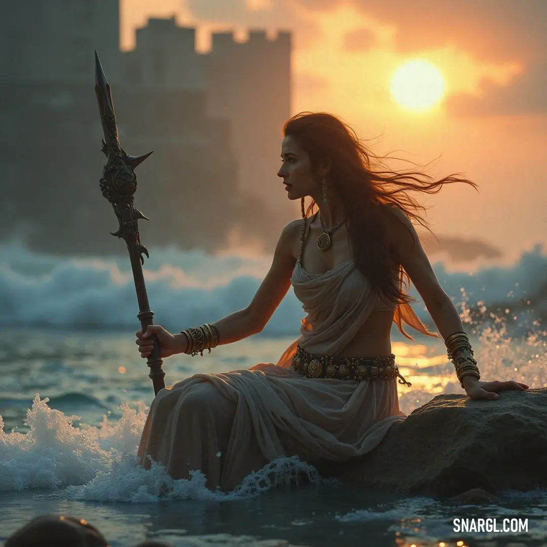 A powerful figure in a flowing white gown stands on a rock at sunset, spear in hand, as a castle looms in the background, creating a scene filled with adventure and mystery. With the sun setting in a spectacular display of colors, a striking figure in a white dress stands fiercely on a rocky edge, holding a spear, framed by the glowing horizon and a distant castle, evoking a sense of adventure and royalty.