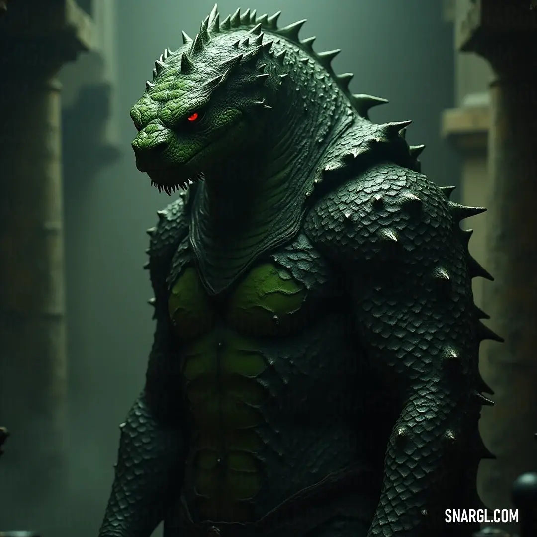 A colossal serpent beast resembling a legendary monster stands in a dimly lit room, where a dramatic red light bathes its green coat, creating an atmosphere of majesty and intrigue.