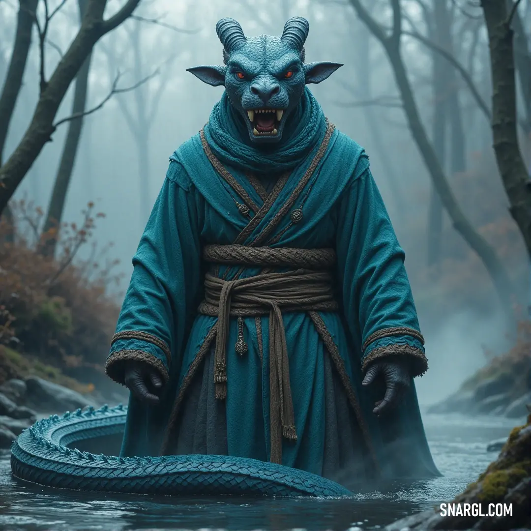 A Serpent Beast, wearing a flowing blue robe and a horned mask, wades through a stream in a dense forest. The stream’s reflection and a large tire by the water add a curious juxtaposition to his otherwise mystical appearance.