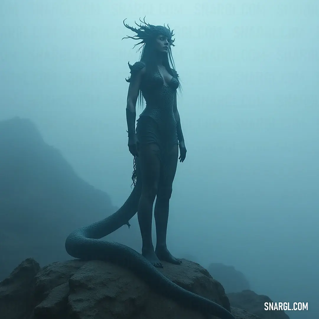 Nestled in a mystical fog, this enchanting Serpent Enchantress, with a snake embracing her leg, embodies the delicate balance between beauty and danger, captivating the hearts of all who behold her. In a shrouded fog, a Serpent Enchantress stands poised on a rocky outcrop, her long hair cascading like serpents, while a snake coils around her leg, lending her an air of raw enchantment and power.