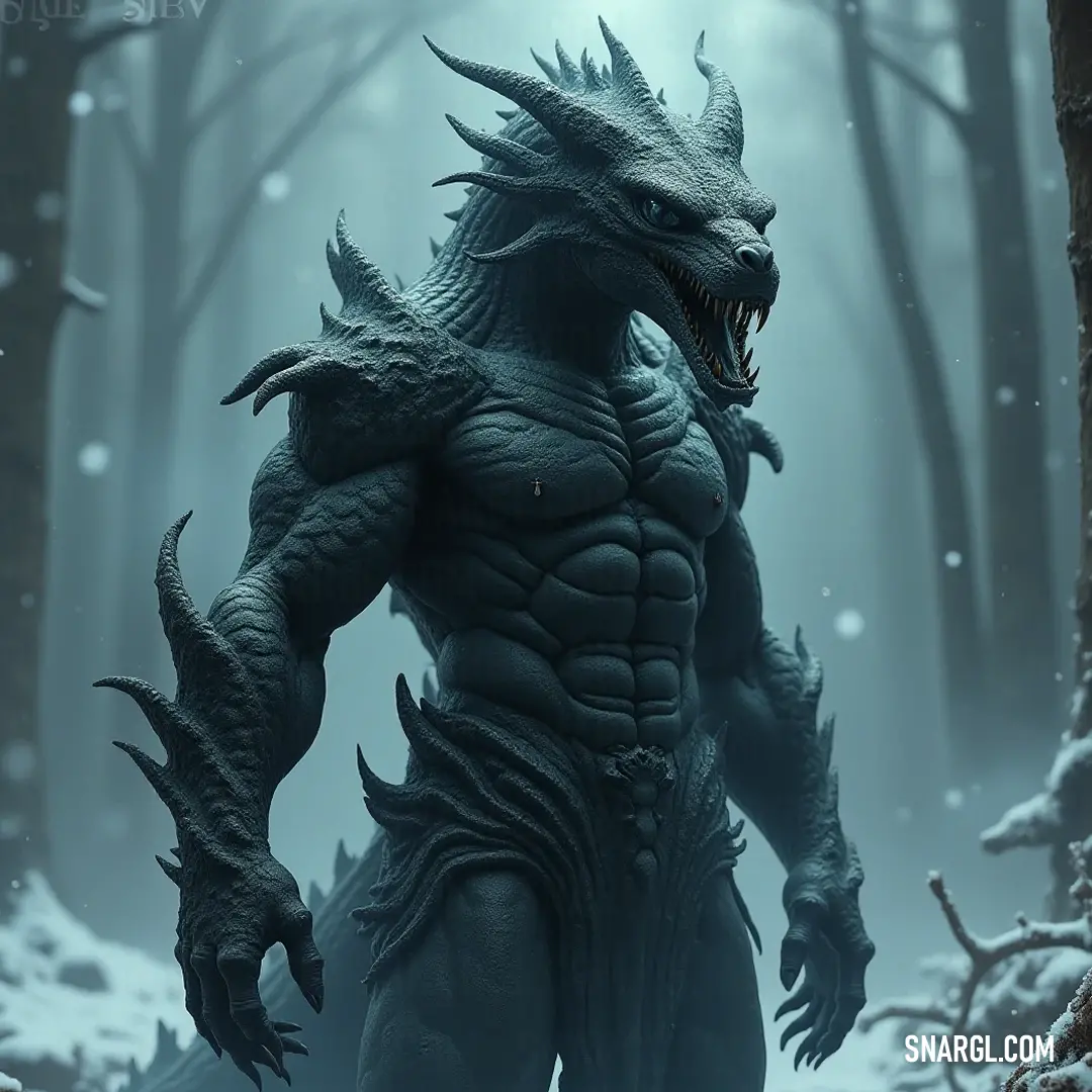 The imposing Serpent General, teeth bared, commands the snowy tranquility of a forest draped in winter's embrace. A towering Serpent General with a fearsome grin and enormous teeth, looming over a wintry forest blanketed in snow, where trees are adorned with delicate snowflakes, adding an eerie beauty to the scene.