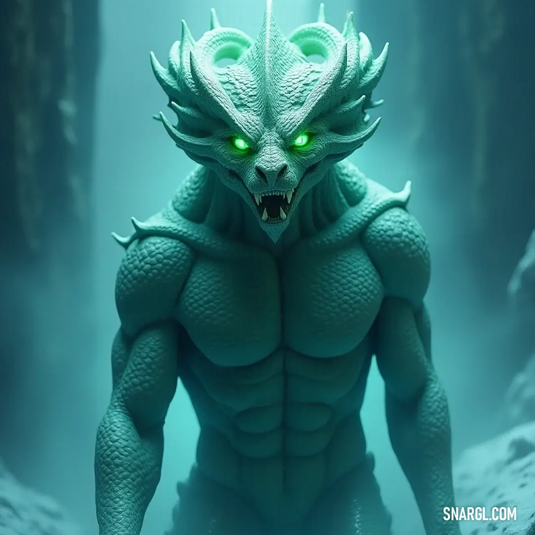 A mysterious Serpent Inquisitor, exuding an otherworldly aura, glows with green light in a dark, fog-laden forest, watching with eyes that gleam like emeralds amidst the shadows.