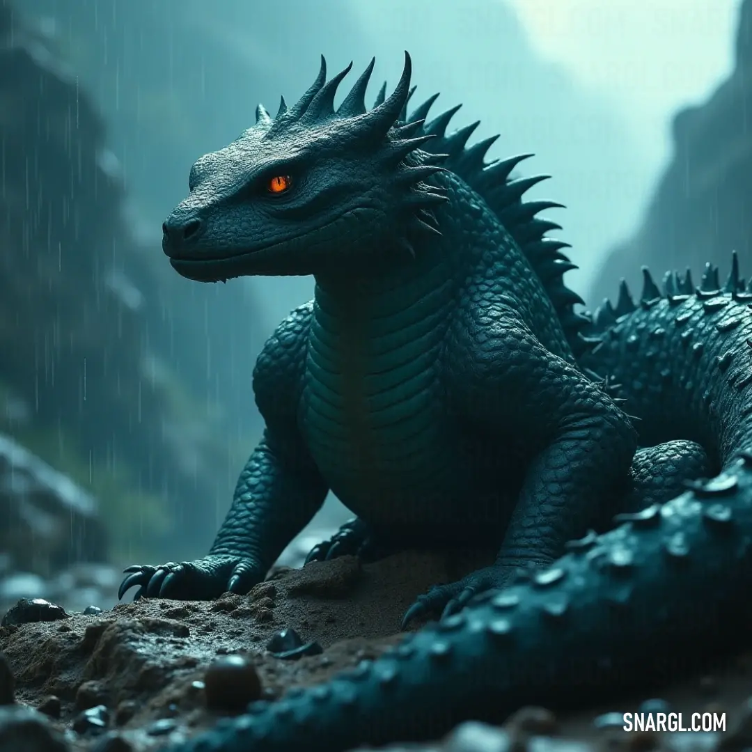 A powerful Godzilla statue atop a rocky base glows eerily with red eyes in a rainy, dramatic landscape. A striking Godzilla statue stands on a rugged rock, drenched by rain, with a haunting red glow emanating from its fierce eyes, creating an ethereal scene amidst the stormy backdrop of nature's fury.