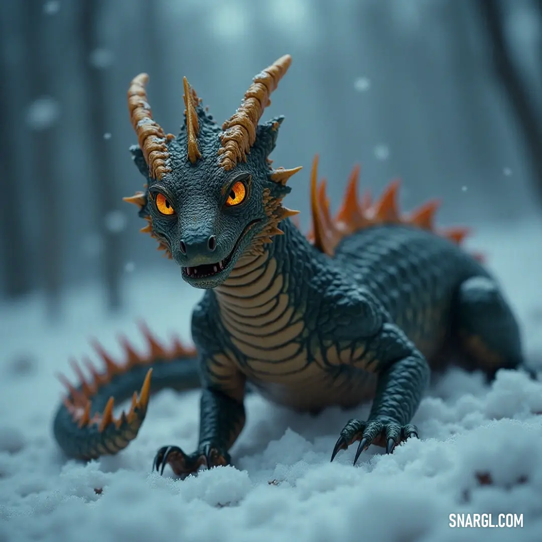 Toy Serpent King with orange eyes in the snow, surrounded by trees A toy Serpent King with glowing orange eyes slithers through the snow, the frosty landscape dotted with distant trees. The cold surroundings only enhance the creature's mystique and power, as it cuts through the frozen terrain.