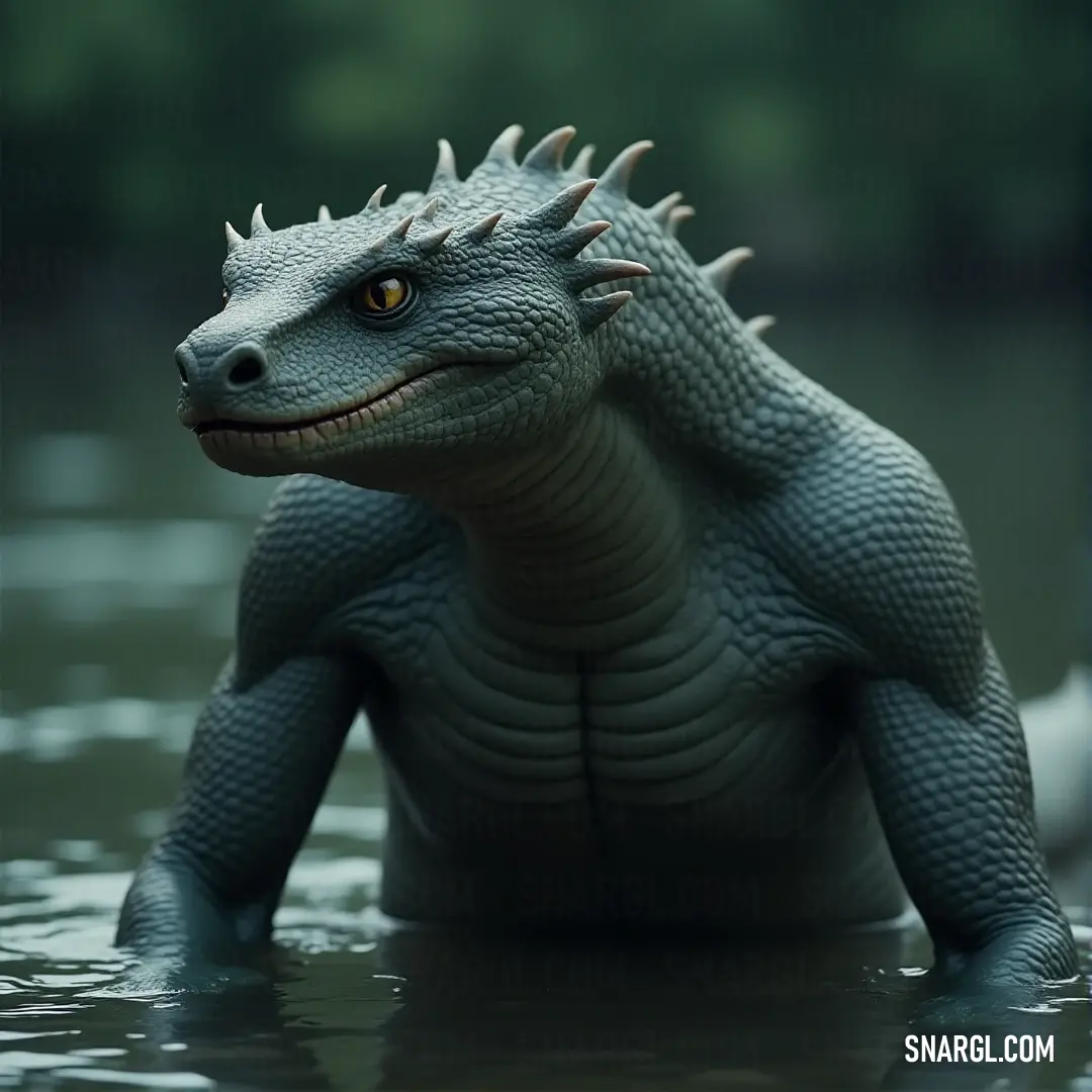 A toy Godzilla in the water, its head turned to the side and eyes open in an alert stance. The green background creates a dramatic, tension-filled atmosphere. A toy-sized Godzilla stands in water, its head turned in a menacing way, with its eyes wide open. The green backdrop adds a sense of mystery and tension to the scene.