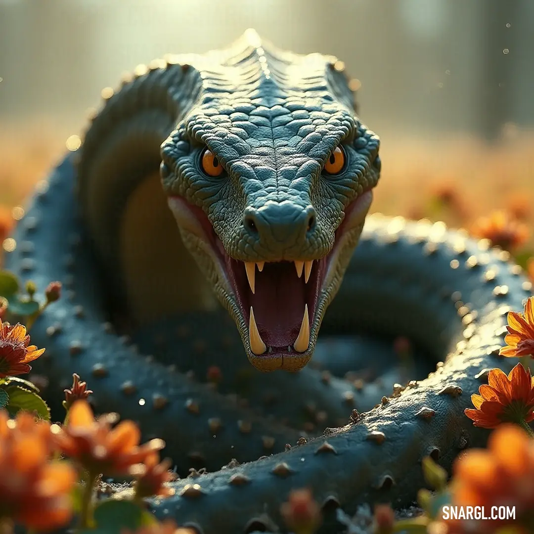 A close-up of a snake, showcasing its gaping mouth and jagged teeth, lies coiled in a colorful flower bed, where beauty meets the beast. A close-up view of a snake reveals its menacing open mouth and sharp teeth, resting in a vibrant flower bed that contrasts sharply with its fierce appearance.