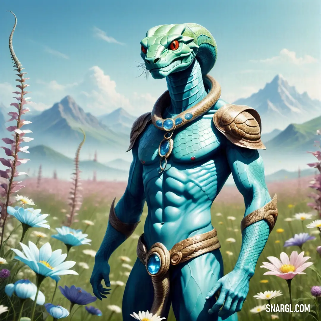 Blue Serpent Man with a large head and a large body standing in a field of flowers and grass with mountains in the background