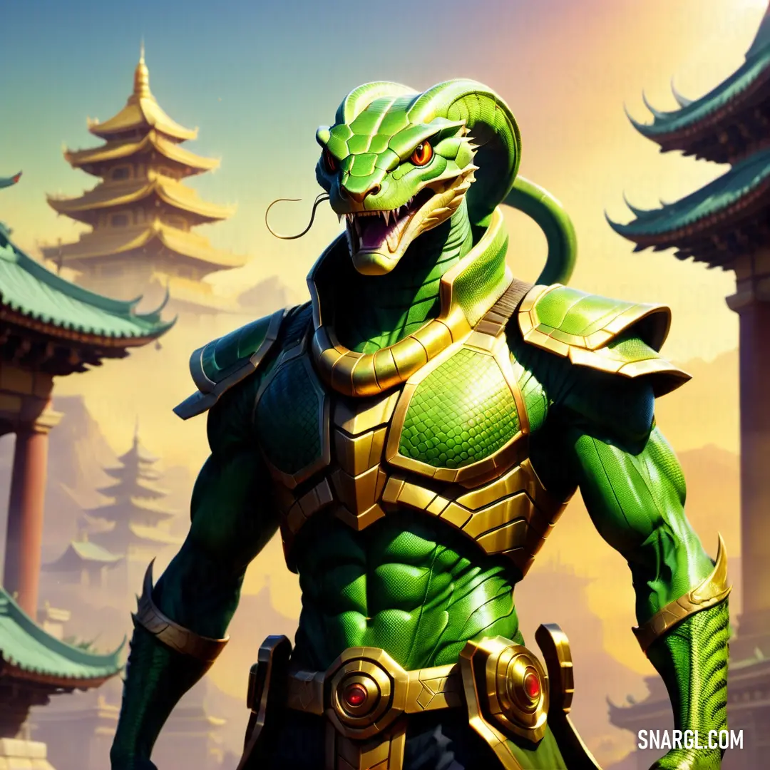 Green and gold Serpent Man in a chinese setting with a pagoda in the background