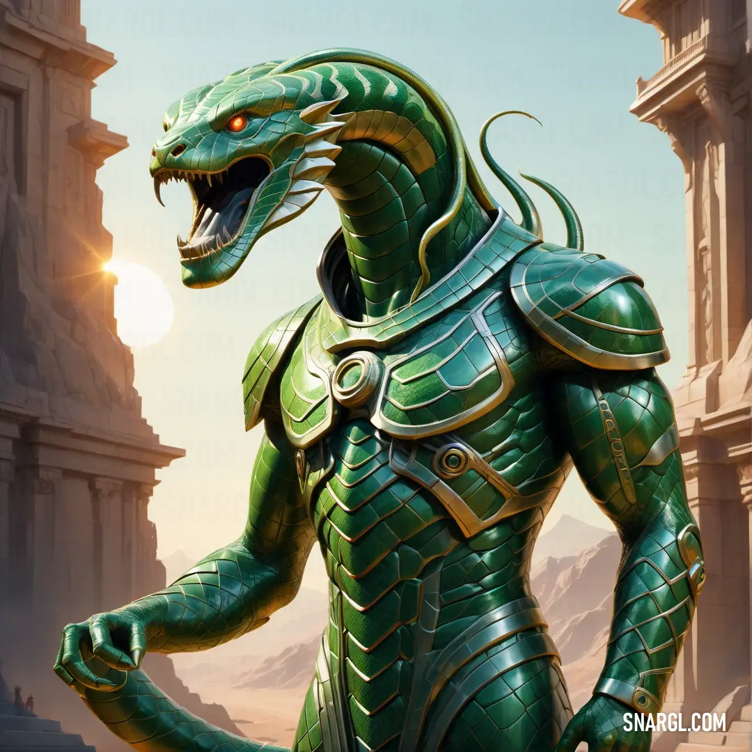 Green Serpent Man statue standing in front of a building with a sun in the background