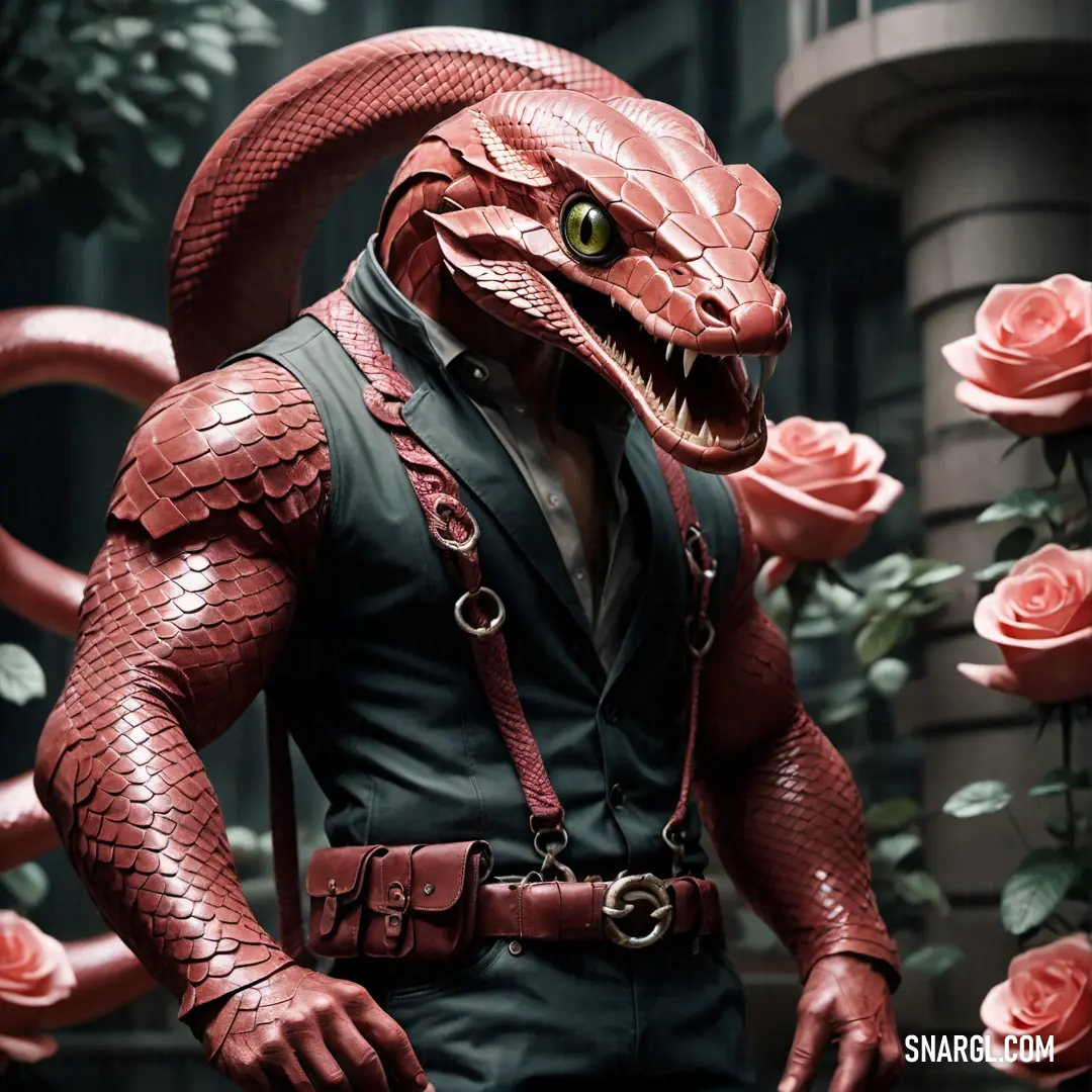 Serpent Man in a red snake costume with a rose bush behind him and a snake on his shoulder