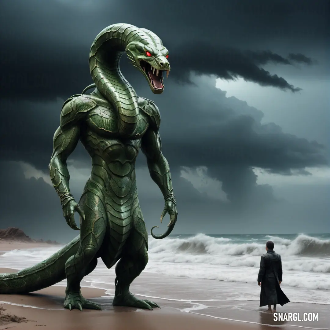 Man standing on a beach next to a giant green Serpent Man with a red eye and a black cape