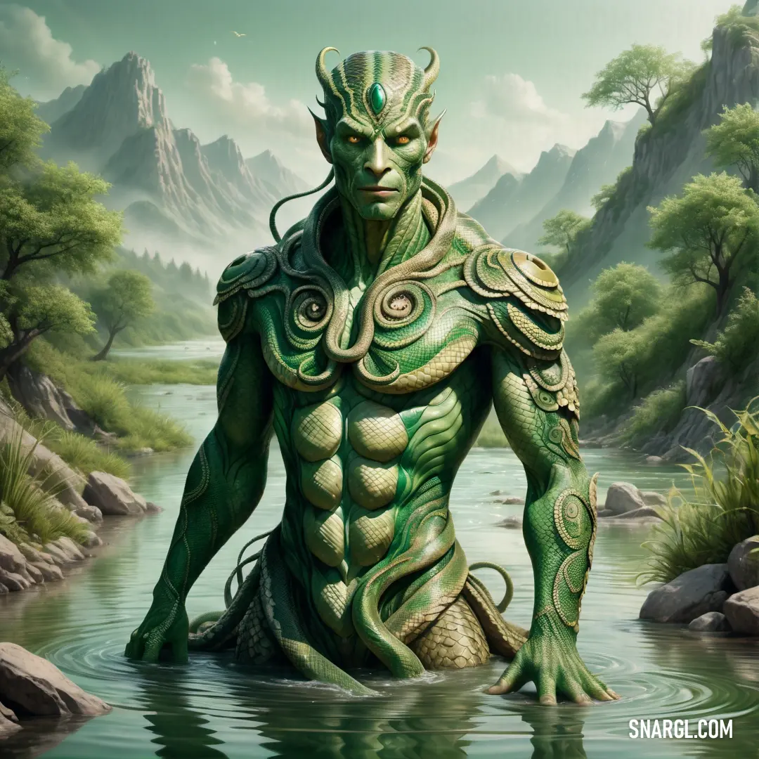 Painting of a male Serpent Serpent Man in a body of water with a mountain in the background and a river running through it